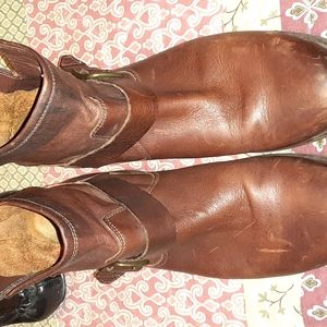 Leather Frye Boots, 10m, brn with buckle moto boot,
